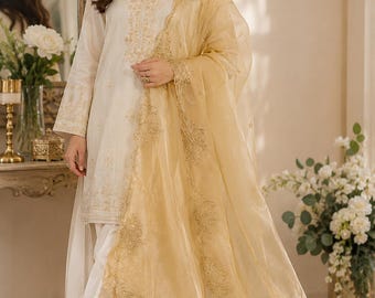 Gold Dupatta Embroidered | Pakistani Dupatta | Gold Embroidered Dupatta | Gold Pakistani Dupatta | Formal Festive Dupatta