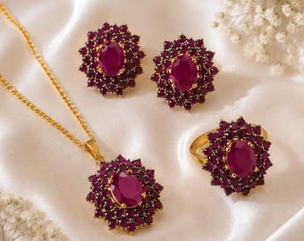 Premium Stone Pendant Set with Ring and Earrings | Long Gold Chain Necklace Set | Pendant Set | Pakistani Jewelry | Statement Jewelry