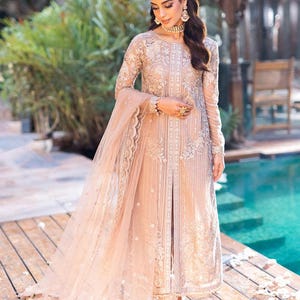 Pakistani Designer Beige Chiffon Suit – Embroidered Ready-to-Wear Salwar Kameez | Pakistani Shalwar Kameez | Pakistani Party Wear Eid Suit