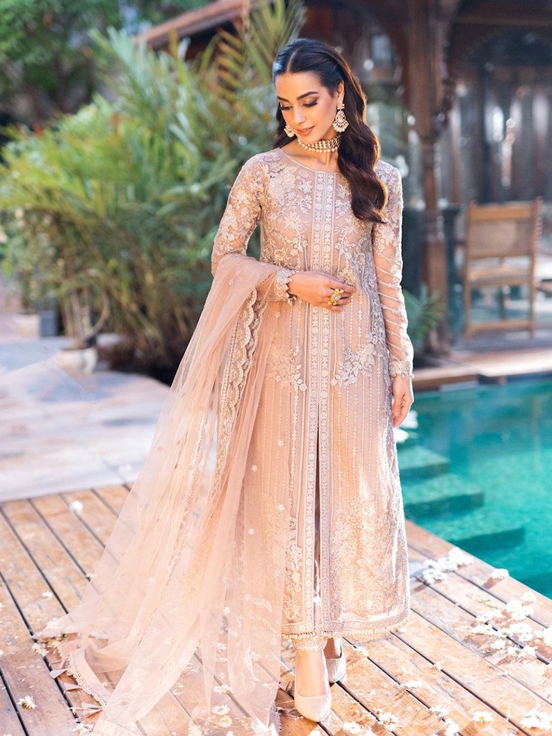Pakistani Designer Beige Chiffon Suit – Embroidered Ready-to-Wear Salwar Kameez | Pakistani Shalwar Kameez | Pakistani Party Wear Eid Suit