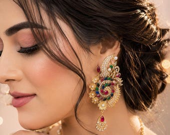 Premium Bridal Statement Earrings | Multicolor Crystal & Pearl Dangle Earrings | Wedding Jewelry | Pakistani Festive Earrings | Gift for Her