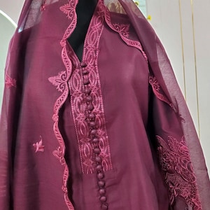 Plum Khaadi Pure Raw Silk Cutwork Embroidered Suit | Pakistani Formal and Party Wear | Pakistani Party Wear | Pakistani Formal Suit