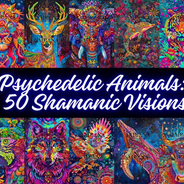 Viaje a Través del Arte Psicodélico: 50 Descargas Digitales con 3584 x 5376 px de Animales Espirituales en Estilo Chamánico Ayahuasca. (2x3)