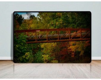 stunning fall foliage surrounding a rustic foot bridge, digital download, printable wall art, original photograph