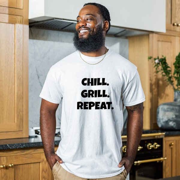 Grill Chill Repeat T-shirt white l men's t-shirt l BBQ t-shirt l casual men's t-shirt l white t-shirt l fun outdoor men's t-shirt l