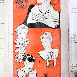 May include: A vintage sewing pattern booklet with illustrations of four different collar styles. The booklet is printed on orange paper with black ink. The text on the cover reads "This Pattern Fully Guaranteed".