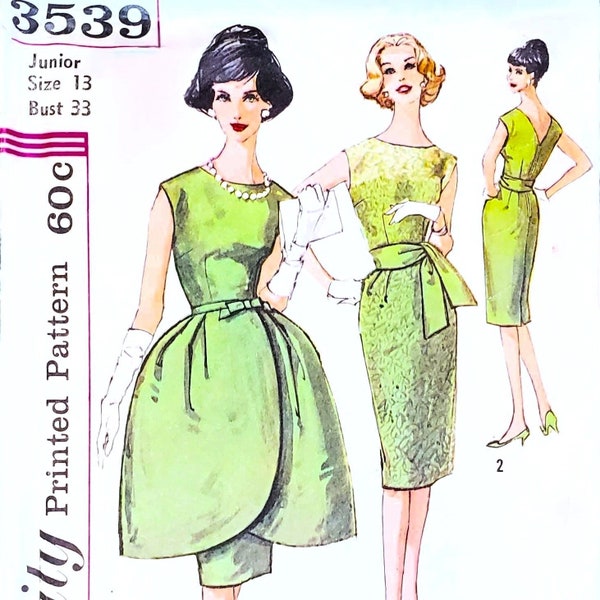 1960s Vintage Dress Pattern - Sheath Dress with Tulip Overskirt and Sash - Size 13, Bust 33 - Simplicity 3539