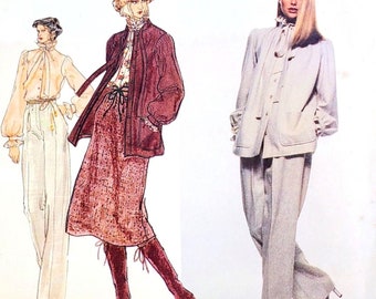 Vogue Paris Original 1749, Yves Saint Lauren- High Waist Wide Leg Pleated Pants, Loose Jacket, A-Line Skirt, Blouse; Size10, Bust 32.5