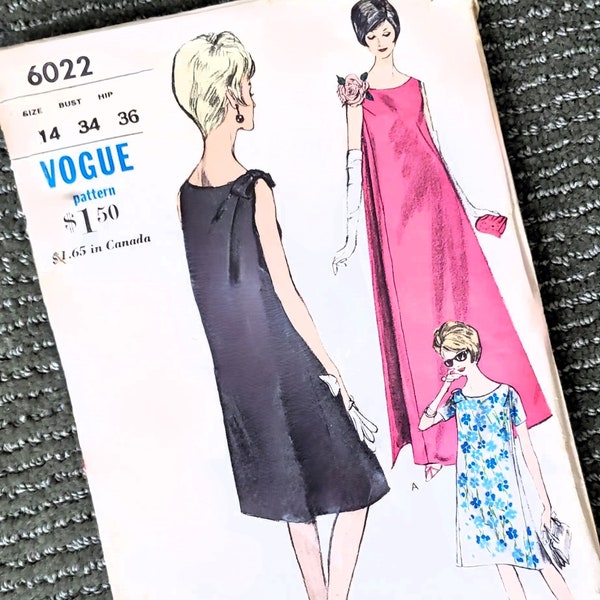 1960s Vogue 6022 Maternity Evening Gown or Shift Dress, Trapeze Dress; Size 14, Bust 34; Vintage Sewing Pattern.