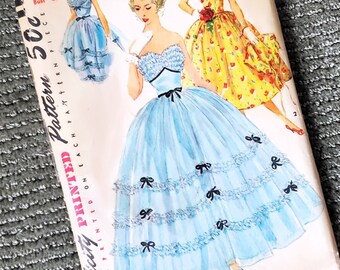 1950s Ball Gown with Very Full Skirt and Boned Bodice, Features Ruffles Bows and Shrug Jacket; Size 11, Bust 29; Simplicity 4968