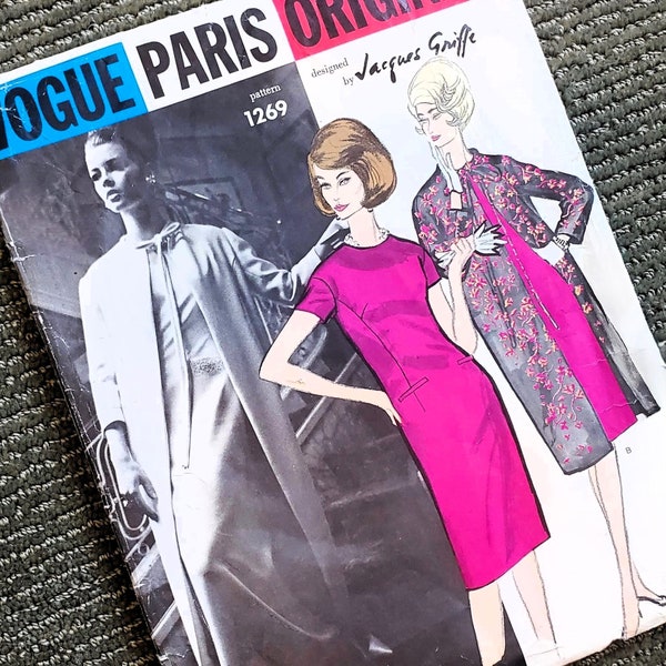 Vogue Paris Original 1269, Jacques Griffe- Evening Gown or Dress with Slip and Coat, Size 10. 1960s Vintage Sewing Pattern.