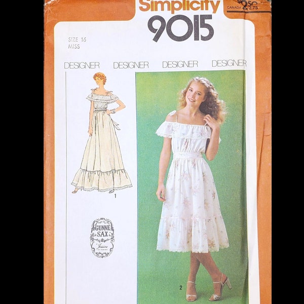 Simplicity 9015, UNCUT,  Gunne Sax by Jessica - Misses' Dress in Two Lengths. Size 16, Bust 38"; ©1979 Vintage Paper Sewing Pattern.