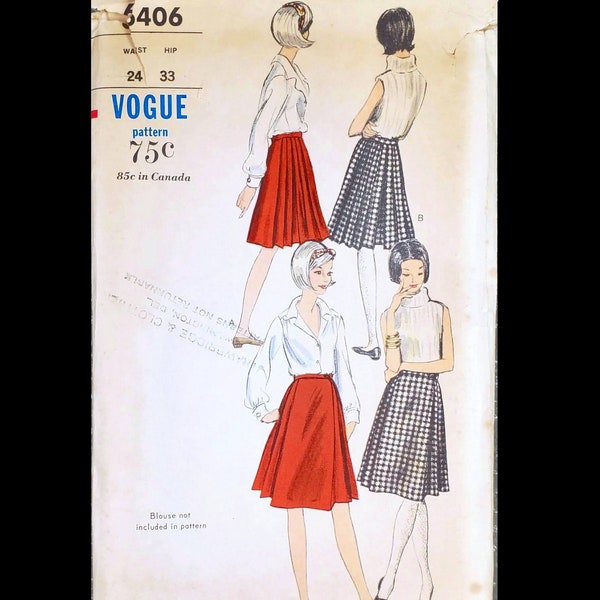 1960s Pleated Skirt, Vogue 6406; Waist 24", Hip 33"; ©1965 Vintage Paper Sewing Pattern.