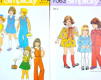 1970s Child's Separates (2): Skirt & Vest, Pants w/ Suspenders, A-line dress; Sz 4; Vintage Sewing Pattern Simplicity 7321, 7063