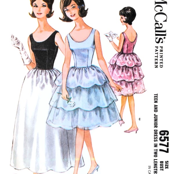 1960s Vintage Pattern - Formal Dress w/ Tiered Full Skirt in 2 Lengths - Size 12T, Bust 32 - McCalls 6577 Partially Cut