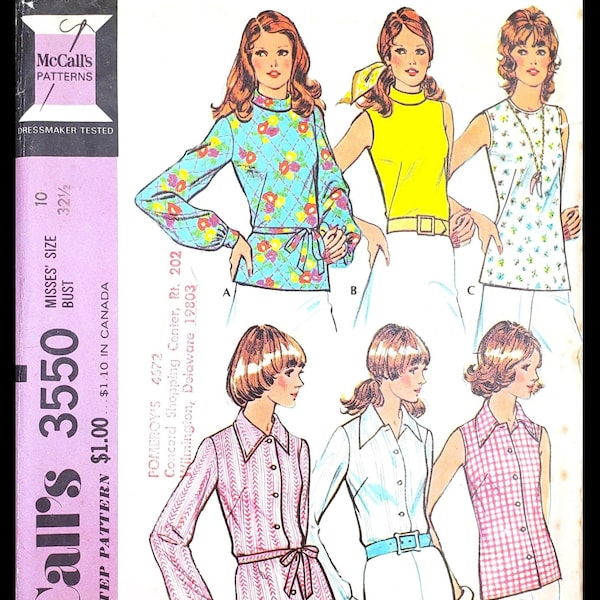 McCalls 3550, 1970s Blouse Set; Options for Collar, Sleeves; ©1973 Vintage Paper Sewing Pattern.