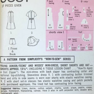 1970s Minidress, Short Shorts, Hat Misses' Size 10, Bust 32.5 Simplicity 9881 ©1972, Vintage Sewing Pattern. image 6