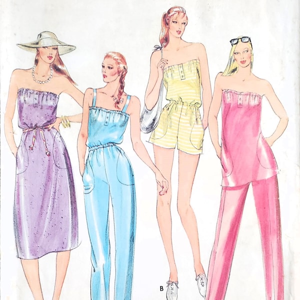 1980s Halter Top Jumpsuit with Pants or Shorts, Midi Dress; Beach Cover, Romper; Sizes 12 - 14; Butterick 3742 Vintage Sewing Pattern