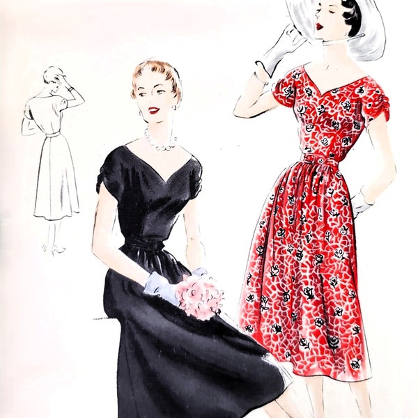 1950s Vintage Vogue Pattern - Elegant Dress w/ Wide Neckline , Full Skirt , Cap Sleeves - Size 16, Bust 34 - Vogue 7072