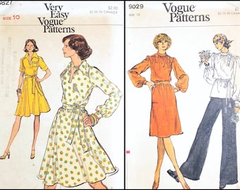 1970s Vogue Patterns (2) - Super Cute Midi, Wrap Dresses & Tunic; Size 10, Bust 32.5; Vintage Sewing Patterns 9029, 8827.