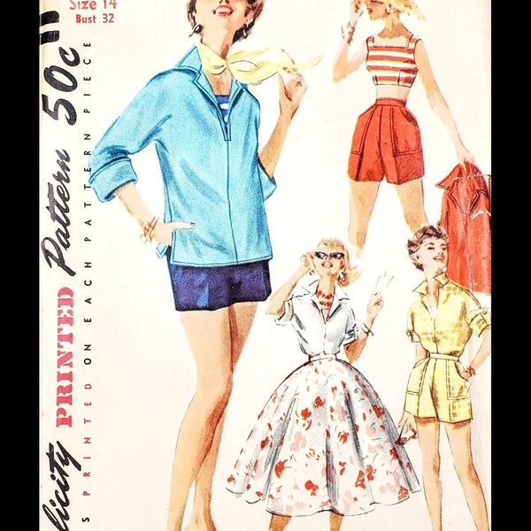 1950s Summer Playsuit: Crop Top Circle Skirt Pullover Top Shorts; Size 14, Bust 32; Simplicity 1170 Vintage Pattern