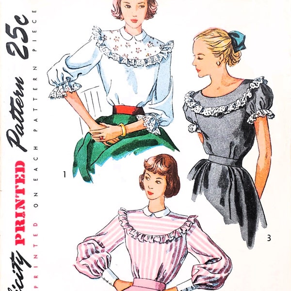 1940s Vintage Blouse Pattern - Peasant Top , Peter Pan Collar , Yoked Ruffle - Size 12, Simplicity 2483