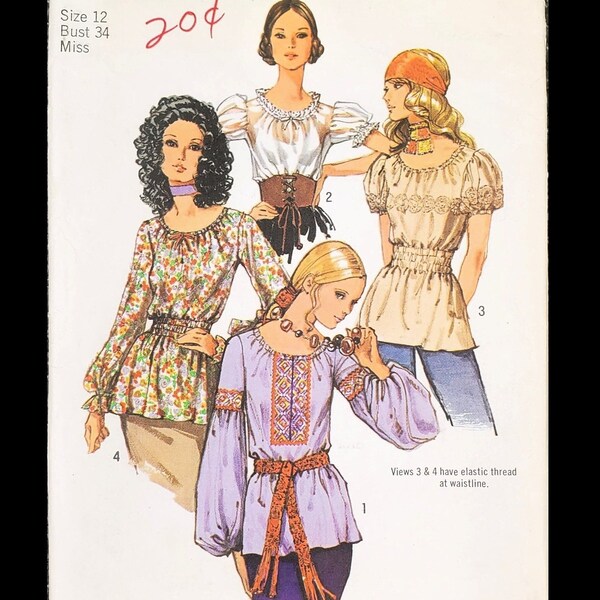 1970s Peasant Blouse, Boho; Choice of Sleeves and Trimming, 34" Bust. Simplicity 9313 ©1971, Vintage Paper Sewing Pattern.