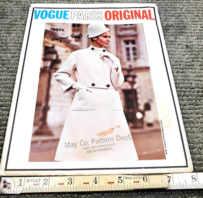 Vogue Paris Original 1596 UNCUT Jacques Griffe Rozmiar 10 B31 Sukienka i płaszcz - Wykrój do szycia w stylu vintage z lat 60. XX wieku zdjęcie 8