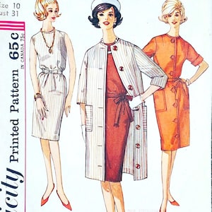 Simplicity 4845 Dress Matching Coat "Simple to Sew" - Sz 10 Bust 31 Vintage 1960s Sewing Pattern