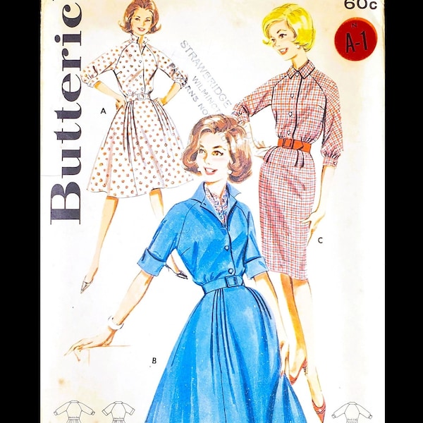 1960s Shirtwaist Dress, Raglan Sleeve, Full or Sheath Skirt; Size 10, Bust 31"; ©1960 Butterick 9941 Vintage Paper Sewing Pattern.