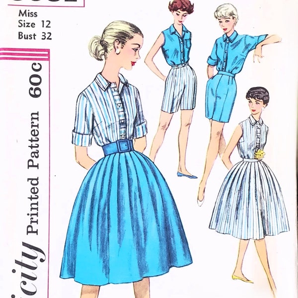 1950s Vintage Skirt and Shorts Pattern - Full Gathered Skirt and Bermuda Shorts - Size 12, Bust 32 - Simplicity 3051