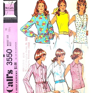 Ensemble de chemisiers McCalls 3550 B32.5, débardeur boutonné, faux patron de couture en papier vintage des années 1970.