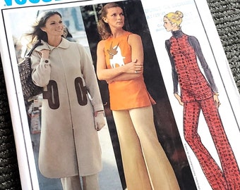 Vogue Paris Original 2574, UNCUT, Pierre Cardin- Long Coat, Tunic Top, Pants, Sz 8, Bust 31.5". Vintage Paper Sewing Pattern, ca. 1971.