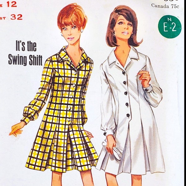 1960s Swing Shift Shirtdress, Inverted Pleats; Size 12, Bust 32"; ©1967 Butterick 4457 Vintage Paper Sewing Pattern.