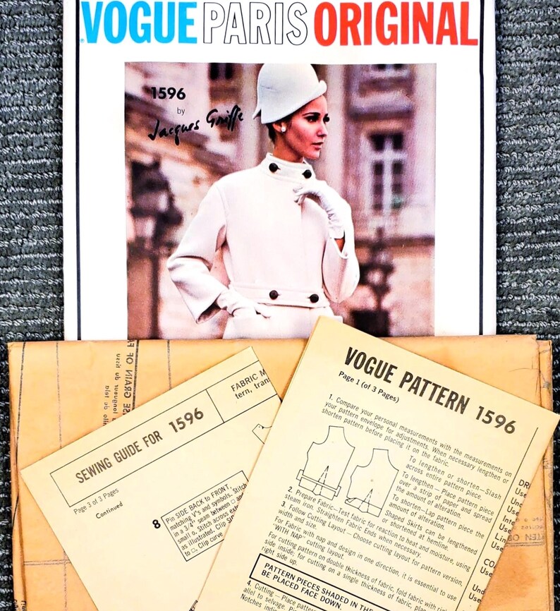 Vogue Paris Original 1596 UNCUT Jacques Griffe Rozmiar 10 B31 Sukienka i płaszcz - Wykrój do szycia w stylu vintage z lat 60. XX wieku zdjęcie 2