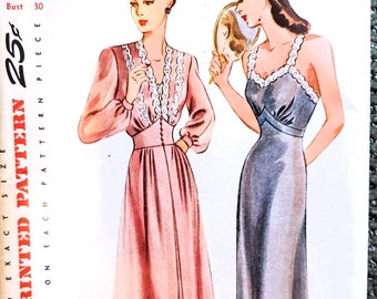 Vintage 1940s Negligee and Nightgown Sewing Pattern, UNCUT, with fabric; Size 12; Simplicity 4995.