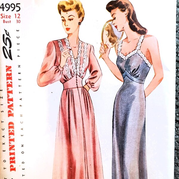 Vintage 1940s Negligee and Nightgown Sewing Pattern, UNCUT, with fabric; Size 12; Simplicity 4995.
