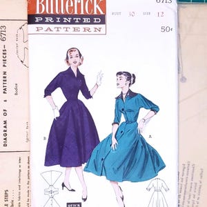 May include: Vintage Butterick printed sewing pattern featuring illustrations of two dresses. The pattern includes diagrams and instructions for creating the dresses. The bust size is 30 inches and the size is 12.