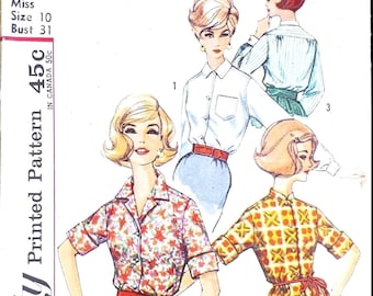 Patrón de costura Simplicity 4056 para blusa abotonada vintage de los años 60, busto 31
