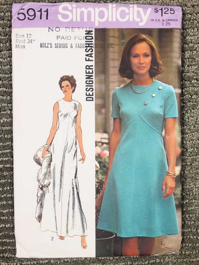 1970s Misses Dress in Two Lengths UNCUT, FF Size 12, Bust 34 Simplicity 5911 Designer Fashion Vintage Paper Sewing Pattern. image 3