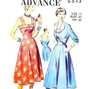 Vintage 1950s Advance 5513 Dress + Bolero Jacket Sewing Pattern Size 12 Bust 30"
