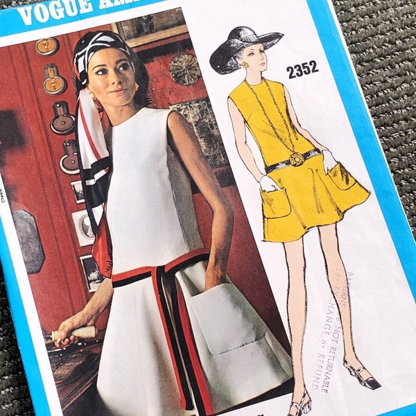 Vogue Americana 2352, UNCUT, Chester Weinberg- Mod Mini Dress, Flared Skirt; Sz 8, Bust31.5. Vintage Sewing Pattern, ca. 1970.