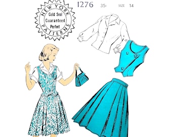 Vintage 1950s Sewing Pattern Girls' Skirt Blouse Jerkin Vest - New York Patterns 1276