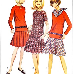 May include: Illustration of three women in vintage dresses. The dresses are red, with pleated skirts and long sleeves. One dress is a plaid pattern. Each dress has a belt. The women have blonde and brown hair.