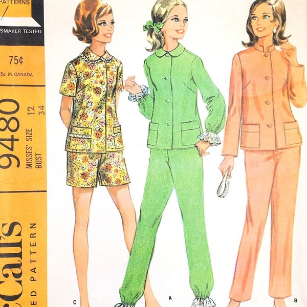 McCalls 9480, 1960s Misses' Pajama Set, Three Versions; Size 12, Bust 34"; Vintage Paper Sewing Pattern. Cut/Complete.