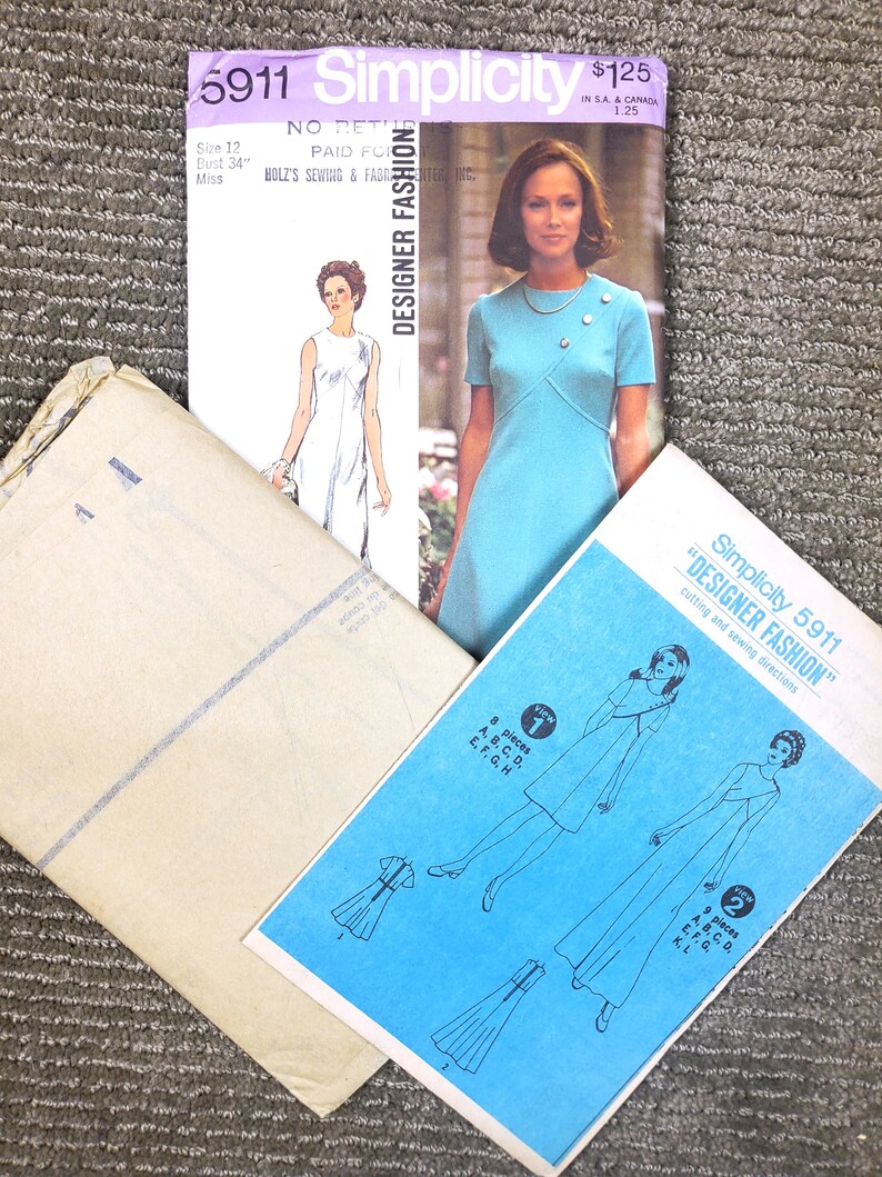 1970s Misses Dress in Two Length; Size 12, Bust 34; Simplicity 5911 Designer Fashion; Vintage Paper Sewing Pattern.