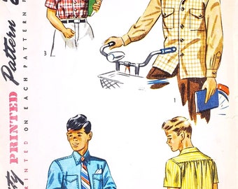 1940s Boy's Button Front Shirt, Short or Long Sleeves; Simplicity 2049; Sizes 10, 12, 14; ©1947 Vintage Paper Sewing Pattern.