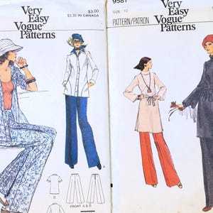 May include: Two sewing patterns for women's clothing. The pattern on the left shows a woman wearing a long-sleeved shirt and wide-legged pants. The pattern on the right shows a woman wearing a long-sleeved tunic and wide-legged pants. Both patterns are from Very Easy Vogue Patterns.