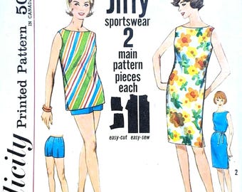 Vintage 1960s Beachwear Sz 14 B34 Shorts Top Dress Simplicity 4441 Sewing Pattern