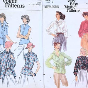May include: A vintage Vogue sewing pattern booklet featuring four different blouse designs. The pattern is for size 10 and includes instructions for making a variety of styles, including a white blouse with a bow tie, a red blouse with a ruffled collar, and a floral print blouse with a tie.